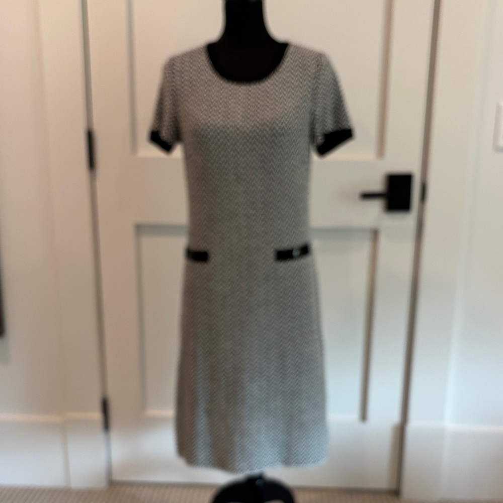 St. John Black and White Tweed Short-Sleeve Midi Dress